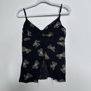 Y2K Black Sheer lace Cami Top Gold Butterfly Spaghetti Strap Goth Fairy Sz L